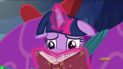 Size: 960x540 | Tagged: safe, screencap, twilight sparkle, alicorn, pony, a hearth's warming tail, g4, blushing, book, discovery family logo, female, floppy ears, gif, glowing horn, horn, magic, mare, non-animated gif, solo, telekinesis, twilight sparkle (alicorn)