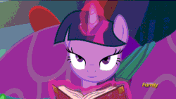 Size: 960x540 | Tagged: safe, screencap, twilight sparkle, alicorn, pony, a hearth's warming tail, g4, book, discovery family logo, female, gif, glowing horn, horn, magic, mare, mid-blink screencap, non-animated gif, smiling, solo, telekinesis, twilight sparkle (alicorn)