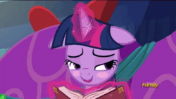 Size: 960x540 | Tagged: safe, screencap, twilight sparkle, alicorn, pony, a hearth's warming tail, g4, blushing, book, floppy ears, gif, non-animated gif, solo, twilight sparkle (alicorn)