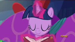 Size: 960x540 | Tagged: safe, screencap, twilight sparkle, alicorn, pony, a hearth's warming tail, g4, blushing, book, cute, eyes closed, gif, non-animated gif, solo, twiabetes, twilight sparkle (alicorn), uwu
