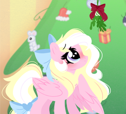 Size: 2581x2337 | Tagged: safe, artist:emberslament, oc, oc only, oc:bay breeze, pegasus, pony, blushing, bow, christmas, christmas tree, cute, female, hair bow, heart, heart eyes, high res, holiday, lineless, looking up, mare, mistletoe, ocbetes, solo, tail, tail bow, tree, wingding eyes