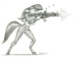Size: 1400x1065 | Tagged: safe, artist:baron engel, octavia melody, earth pony, anthro, unguligrade anthro, g4, aimpoint, ammunition, assault rifle, badass, breasts, bullet, busty octavia melody, cleavage, clothes, female, firing, gun, magpul, monochrome, open mouth, pencil drawing, rifle, solo, story in the source, traditional art, weapon