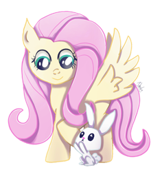 Size: 1024x1083 | Tagged: safe, artist:nnaly, angel bunny, fluttershy, pegasus, pony, rabbit, g4, angelbetes, animal, cute, female, mare, raised hoof, simple background, spread wings, transparent background, wings