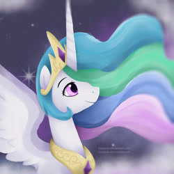 Size: 1000x1000 | Tagged: safe, artist:nnaly, princess celestia, alicorn, pony, g4, bust, crown, ethereal mane, female, jewelry, looking up, mare, mist, necklace, night, night sky, portrait, regalia, side view, sky, smiling, solo, spread wings, wings