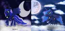 Size: 1024x492 | Tagged: safe, artist:nnaly, princess luna, alicorn, pony, cloud, comparison, draw this again, ethereal mane, female, mare, mare in the moon, moon, night, night sky, redraw, sky, solo