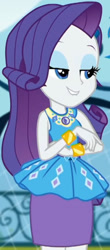Size: 903x2045 | Tagged: safe, screencap, rarity, equestria girls, g4, my little pony equestria girls: better together, sock it to me, sock it to me: rarity, canterlot high, clothes, cropped, crossed arms, cute, diamond, dress, female, geode of shielding, gold, jewelry, legs, lidded eyes, lip bite, magical geodes, necklace, outdoors, raribetes, rarity peplum dress, skirt, sleeveless, smiling, waistband, wrist cuffs