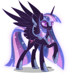 Size: 3677x4000 | Tagged: safe, artist:orin331, gameloft, twilight sparkle, alicorn, pony, g4, armor, concave belly, ethereal mane, evil, eyelashes, female, gameloft interpretation, high res, jewelry, mare, nightmare twilight, nightmarified, raised hoof, regalia, simple background, slender, smiling, solo, spread wings, thin, transparent background, twilight sparkle (alicorn), wings