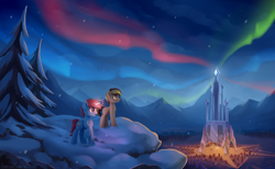 Size: 2840x1745 | Tagged: safe, artist:emeraldgalaxy, oc, oc only, oc:languorld, oc:red diamond, earth pony, pony, unicorn, aurora borealis, commission, crystal empire, duo, glowing horn, hill, horn, male, mountain, open mouth, pine tree, raised hoof, scenery, scenery porn, snow, stallion, tree