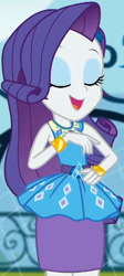 Size: 385x861 | Tagged: safe, screencap, rarity, equestria girls, g4, my little pony equestria girls: better together, sock it to me, sock it to me: rarity, canterlot high, clothes, cropped, cute, diamond, dress, eyes closed, female, geode of shielding, gold, hand on hip, jewelry, legs, magical geodes, necklace, outdoors, raribetes, rarity peplum dress, skirt, sleeveless, smiling, soccer field, waistband, wrist cuffs