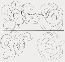 Size: 601x578 | Tagged: safe, artist:dotkwa, fluttershy, pinkie pie, g4, 2 panel comic, comic, dialogue, distortion, grayscale, hollow, monochrome, ponk, ponkie poy, shrunken pupils, squish, wavy mouth