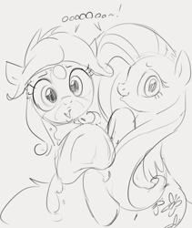 Size: 573x680 | Tagged: safe, artist:dotkwa, fluttershy, oc, oc:dotmare, pegasus, pony, g4, female, frog (hoof), grayscale, monochrome, oooooh, underhoof