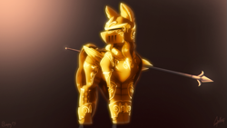 Size: 1095x616 | Tagged: safe, artist:chebypattern, edit, editor:tcgamebot, oc, oc only, oc:burning shadow, pegasus, pony, armored pony, female, golden armor, mare, solo, spear, standing, weapon