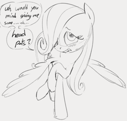 Size: 775x738 | Tagged: safe, artist:dotkwa, fluttershy, pegasus, pony, g4, bronybait, cute, female, filly, filly fluttershy, grayscale, monochrome, nervous, pet request, shyabetes, solo, weapons-grade cute, wings, younger