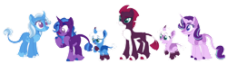 Size: 1280x366 | Tagged: safe, artist:winter-crispy, starlight glimmer, tempest shadow, trixie, oc, oc:hocus, oc:pocus, oc:star catcher, classical unicorn, pony, unicorn, g4, base used, cloven hooves, colt, family, female, filly, horn, leonine tail, lesbian, magical lesbian spawn, male, missing cutie mark, offspring, outline, parent:starlight glimmer, parent:tempest shadow, parent:trixie, parents:startrix, parents:tempestglimmer, parents:tempestrix, polyamory, ship:startrix, ship:tempestrix, shipping, simple background, tempestglimmer, transparent background, unshorn fetlocks
