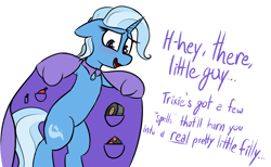 Size: 1264x779 | Tagged: safe, artist:pinkberry, trixie, pony, unicorn, g4, bipedal, blushing, cape, clothes, colored sketch, duct tape, female, implied crossdressing, makeup kit, mare, sketch, solo, stranger danger, tape, trixie's cape