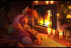 Size: 3000x2026 | Tagged: safe, artist:share dast, oc, oc only, oc:aegis lance, alicorn, pegasus, pony, g4, alicorn oc, candle, christmas, christmas tree, commission, couple, cute, fire, fireplace, high res, holiday, horn, pegasus oc, present, tree, wings