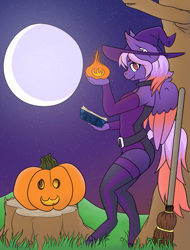 Size: 931x1224 | Tagged: safe, artist:funfact216, oc, oc only, oc:ardent dusk, pegasus, anthro, anthro oc, broom, commission, fire, halloween, hat, holiday, moon, pumpkin, solo, tree stump, wings, witch, witch costume, witch hat