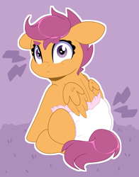 Size: 2873x3658 | Tagged: safe, artist:duckie, scootaloo, pegasus, pony, g4, abstract background, cute, cutealoo, diaper, diaper fetish, eyebrows, eyebrows visible through hair, female, fetish, filly, high res, looking at you, looking back, looking back at you, non-baby in diaper, solo
