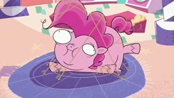 Size: 640x360 | Tagged: safe, screencap, pinkie pie, earth pony, pony, g4, g4.5, i cookie, my little pony: pony life, female, fetish fuel, inflation, mare, solo, tied down