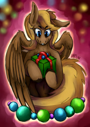 Size: 1000x1400 | Tagged: safe, artist:hyflin, oc, oc only, pegasus, pony, christmas decoration, female, mare, pegasus oc, present, solo, wings