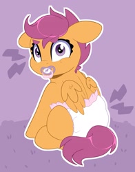 Size: 1609x2048 | Tagged: safe, alternate version, artist:duckie, scootaloo, pegasus, pony, g4, abstract background, cute, cutealoo, diaper, diaper fetish, female, fetish, filly, looking at you, looking back, looking back at you, non-baby in diaper, pacifier, sitting, solo