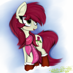 Size: 4000x4000 | Tagged: safe, artist:ser-p, roseluck, earth pony, pony, g4, absurd resolution, clothes, female, mare, scarf, signature, snow, solo