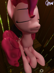 Size: 1440x1920 | Tagged: source needed, safe, artist:quicktimepony, pinkie pie, earth pony, pony, g4, 3d, blender, but why, eyes closed, female, flower, implied pissing, mare, outhouse, signature, sitting, sitting on toilet, solo, toilet