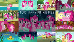 Size: 1968x1107 | Tagged: safe, edit, edited screencap, editor:quoterific, screencap, apple bloom, apple fritter, applejack, fluttershy, orange frog, pinkie pie, spike, twilight sparkle, dragon, g4, too many pinkie pies, apple family member, clone, collage, golden oaks library, male, mirror pool, pinkie clone, pond