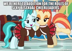 Size: 600x423 | Tagged: safe, edit, edited screencap, screencap, lighthoof, shimmy shake, earth pony, pony, 2 4 6 greaaat, g4, caption, cheerleader, cheerleader outfit, clothes, duo, duo female, female, image macro, mare, memeful.com, raised leg, text