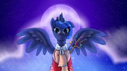 Size: 1192x670 | Tagged: safe, artist:eliestia, princess luna, alicorn, pony, g4, clothes, cosplay, costume, crossover, dress, female, houraisan kaguya, lunaguya, mare, moon, night, solo, touhou