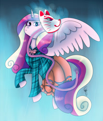 Size: 900x1050 | Tagged: safe, artist:eliestia, princess cadance, alicorn, pony, g4, clothes, cosplay, costume, crossover, dress, female, hata no kokoro, irony, kabuki, mare, mask, skirt, solo, touhou, wings