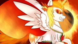 Size: 1192x670 | Tagged: safe, artist:eliestia, daybreaker, princess celestia, alicorn, pony, g4, clothes, cosplay, costume, crossover, female, mane of fire, mare, reiuji utsuho, solo, sun, touhou, wings