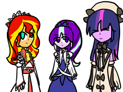 Size: 800x600 | Tagged: safe, artist:luckykitten29, starlight glimmer, sunset shimmer, twilight sparkle, equestria girls, g4, clothes, cosplay, costume, crossover, dress, female, luna child, simple background, star sapphire (touhou), sunny milk, touhou, transparent background, trio