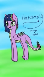 Size: 750x1280 | Tagged: safe, artist:snooziiee, oc, oc only, oc:harmony (snooziiee), dracony, dragon, hybrid, pony, female, interspecies offspring, mare, offspring, parent:spike, parent:twilight sparkle, parents:twispike, solo