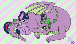 Size: 900x528 | Tagged: safe, artist:snooziiee, spike, twilight sparkle, oc, oc:harmony (snooziiee), alicorn, dracony, dragon, hybrid, pony, g4, cute, family, father and child, father and daughter, female, filly, foal, husband and wife, interspecies offspring, male, mare, mother and child, mother and daughter, offspring, older, older spike, parent:spike, parent:twilight sparkle, parents:twispike, ship:twispike, shipping, spikabetes, straight, twiabetes, twilight sparkle (alicorn)