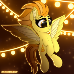 Size: 3000x3000 | Tagged: safe, artist:alexbefest, spitfire, pegasus, pony, g4, colored wings, cute, cutefire, ear fluff, eyebrows, female, flying, high res, mare, multicolored wings, signature, smiling, solo, spread wings, string lights, wings, wonderbolts, yellow