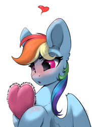 Size: 2145x2944 | Tagged: safe, artist:skitsroom, rainbow dash, pegasus, pony, g4, blushing, bust, ear fluff, female, floating heart, heart, high res, mare, open mouth, simple background, solo, tsunderainbow, tsundere, white background