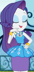 Size: 962x2045 | Tagged: safe, screencap, rarity, equestria girls, g4, my little pony equestria girls: better together, sock it to me, sock it to me: rarity, canterlot high, clothes, cropped, cute, diamond, dress, eyes closed, female, geode of shielding, gold, hand on hip, jewelry, legs, magical geodes, necklace, outdoors, raribetes, rarity peplum dress, skirt, sleeveless, smiling, soccer field, waistband, wrist cuffs