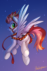 Size: 2000x3000 | Tagged: safe, alternate version, artist:jedayskayvoker, oc, oc only, oc:swift apex, pegasus, pony, animal costume, antlers, bells, bridle, butt, costume, flying, gradient background, harness, high res, jingle bells, leash, looking at you, looking back, looking back at you, male, plot, reindeer antlers, reindeer costume, solo, tack, tail wrap, underhoof