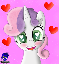 Size: 3840x4154 | Tagged: safe, artist:damlanil, sweetie belle, pony, unicorn, g4, blushing, cute, diasweetes, female, filly, floating heart, happy, heart, heart eyes, horn, looking at you, mare, open mouth, pink background, simple background, smiling, vector, weapons-grade cute, wingding eyes