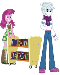 Size: 1200x1498 | Tagged: safe, artist:ferrokiva, artist:masem, edit, cheerilee, double diamond, equestria girls, g4, bookcart, clothes, doublecheer, equestria girls-ified, female, grin, male, scarf, shipping, simple background, smiling, straight, transparent background, vector