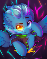 Size: 1200x1481 | Tagged: safe, artist:falafeljake, oc, oc only, alicorn, pony, cyberpunk, ear fluff, eyebrows, heterochromia, horn, looking at you, not night glider, solo, spread wings, wings