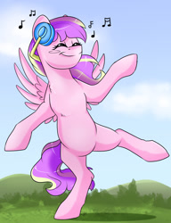Size: 1159x1512 | Tagged: safe, artist:ali-selle, oc, oc only, oc:quirky craft, pegasus, pony, commission, cute, dancing, eyes closed, happy, music, smiling, solo, standing, standing on one leg, ych result