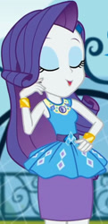Size: 986x2045 | Tagged: safe, screencap, rarity, equestria girls, equestria girls series, g4, sock it to me, spoiler:eqg series (season 2), canterlot high, clothes, cropped, cute, diamond, dress, eyes closed, female, geode of shielding, gold, hand on hip, jewelry, legs, magical geodes, necklace, outdoors, raribetes, rarity peplum dress, skirt, sleeveless, smiling, soccer field, sock it to me: rarity, waistband, wrist cuffs