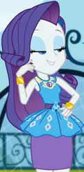 Size: 1001x2045 | Tagged: safe, screencap, rarity, equestria girls, equestria girls series, g4, sock it to me, spoiler:eqg series (season 2), canterlot high, clothes, cropped, cute, diamond, dress, female, geode of shielding, gold, hand on hip, jewelry, legs, lidded eyes, magical geodes, necklace, outdoors, raribetes, rarity peplum dress, skirt, sleeveless, smiling, soccer field, sock it to me: rarity, waistband, wrist cuffs