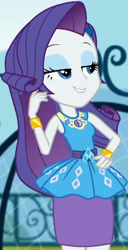 Size: 1047x2045 | Tagged: safe, screencap, rarity, equestria girls, g4, my little pony equestria girls: better together, sock it to me, sock it to me: rarity, canterlot high, clothes, cropped, cute, diamond, dress, female, geode of shielding, gold, hand on hip, jewelry, legs, lidded eyes, magical geodes, necklace, outdoors, raribetes, rarity peplum dress, skirt, sleeveless, smiling, soccer field, waistband, wrist cuffs