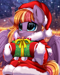 Size: 2550x3209 | Tagged: safe, artist:pridark, part of a set, oc, oc:morning mistral, pegasus, pony, blue eyes, christmas, clothes, commission, costume, cute, female, gift wrapped, hat, high res, holding, holiday, santa costume, santa hat, smiling, solo, teenager, wings, ych result
