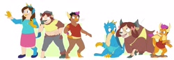 Size: 4096x1420 | Tagged: safe, artist:fauvfox, gallus, smolder, yona, oc, oc:acesential, dragon, griffon, human, yak, g4, character to character, clothes, female to male, fire, fire breath, human oc, human to dragon, human to griffon, human to yak, male to female, open mouth, pants, polo shirt, rule 63, shirt, shoes, skirt, smolder fuel, transformation, transgender transformation