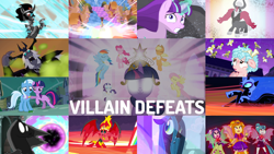 Size: 1958x1101 | Tagged: safe, edit, edited screencap, editor:quoterific, screencap, adagio dazzle, applejack, aria blaze, cozy glow, discord, fluttershy, king sombra, lord tirek, nightmare moon, pinkie pie, pony of shadows, queen chrysalis, rainbow dash, rarity, sonata dusk, starlight glimmer, storm king, sunset shimmer, trixie, twilight sparkle, a canterlot wedding, equestria girls, friendship is magic, g4, magic duel, my little pony equestria girls, my little pony equestria girls: rainbow rocks, my little pony: the movie, school raze, shadow play, the crystal empire, the cutie map, the return of harmony, twilight's kingdom, antagonist, big crown thingy, chaos, collage, defeat, discorded landscape, element of magic, jewelry, mane six, regalia, royal guard, sunset satan, the dazzlings, the elements in action