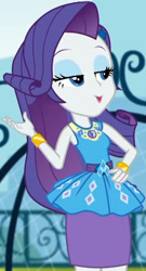 Size: 1107x2045 | Tagged: safe, screencap, rarity, equestria girls, g4, my little pony equestria girls: better together, sock it to me, sock it to me: rarity, canterlot high, clothes, cropped, cute, diamond, dress, female, geode of shielding, gold, hand on hip, jewelry, legs, lidded eyes, magical geodes, necklace, outdoors, raribetes, rarity peplum dress, skirt, sleeveless, smiling, soccer field, waistband, wrist cuffs